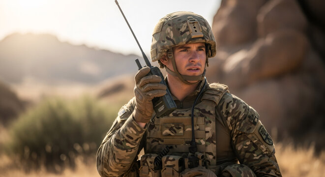 Male soldier holding a radio in communication. Military man in camouflage uniform outdoor looking focused. Army and wartime concept.