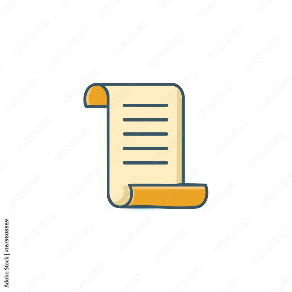 Poster rolled up paper document with lines, icon illustration of a scroll on white.