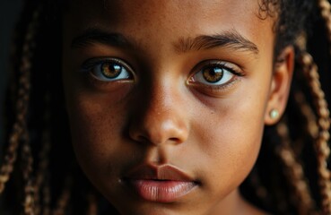 Close-up of a young girl with brown skin and striking hazel eyes looking directly at the camera