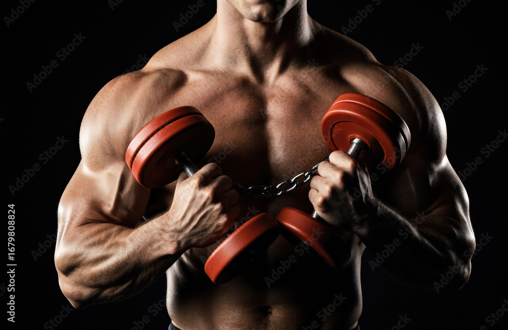 Poster man lifting dumbbells with chain in dark background