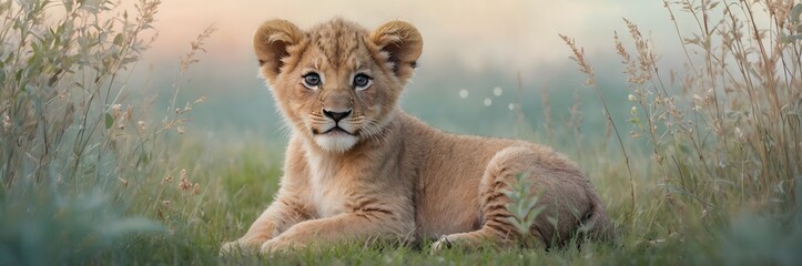 Cachorro de le&oacute;n tumbado en la hierba con expresi&oacute;n tranquila en su h&aacute;bitat natural