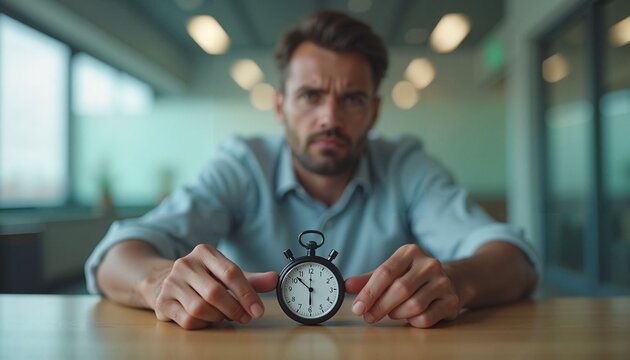 Young man focused on stopwatch while sitting at a table in office  