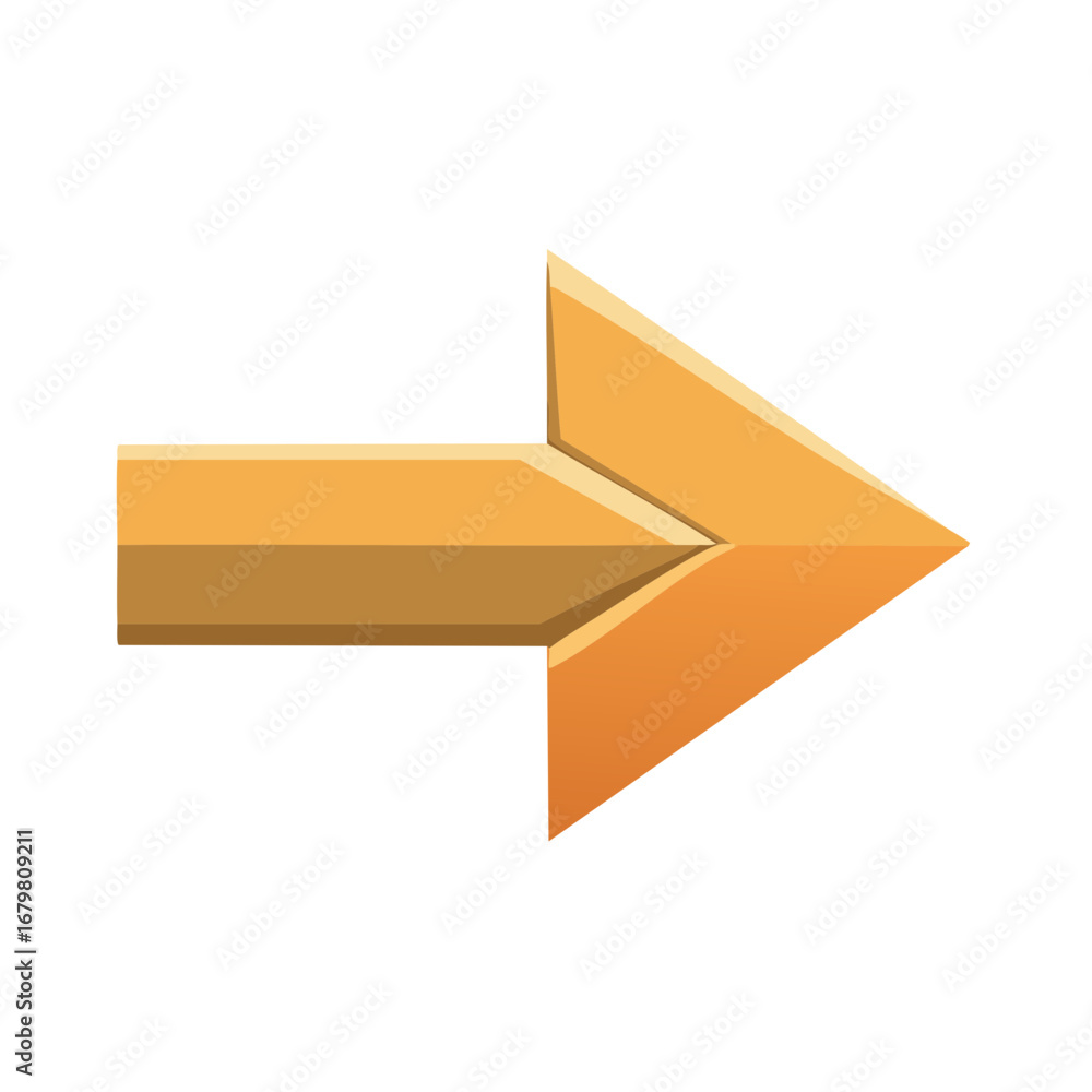 Poster illustration of an orange 3d arrow pointing to the right with gradients and shadows, isolated design