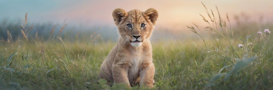 Cachorro de le&oacute;n en la hierba al amanecer con mirada curiosa