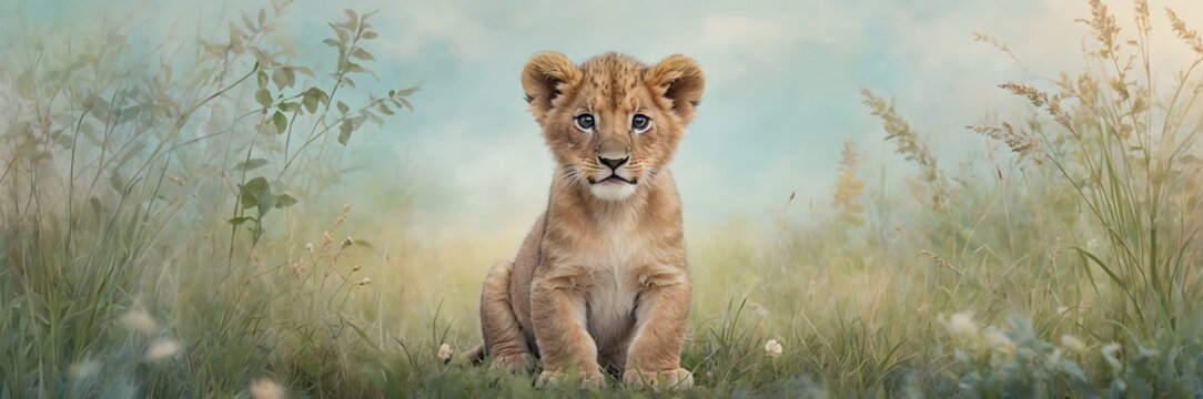 Cachorro de le&oacute;n sentado en la hierba mirando de frente en un entorno natural