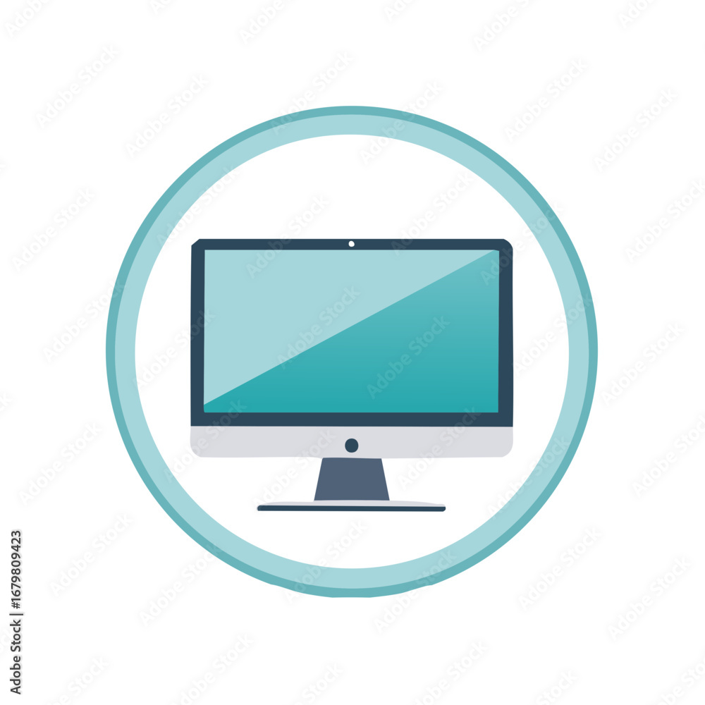 Aufkleber computer monitor inside blue circle frame flat vector design element graphic