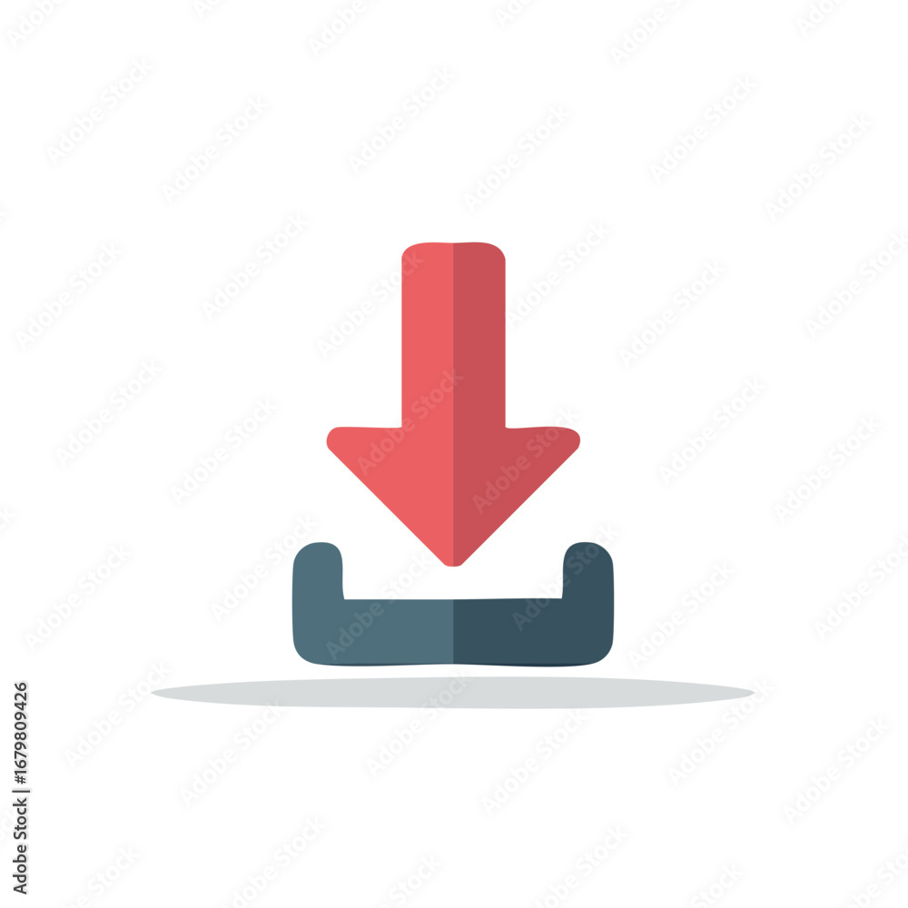 Poster flat design download icon with arrow pointing down into a tray vector graphic