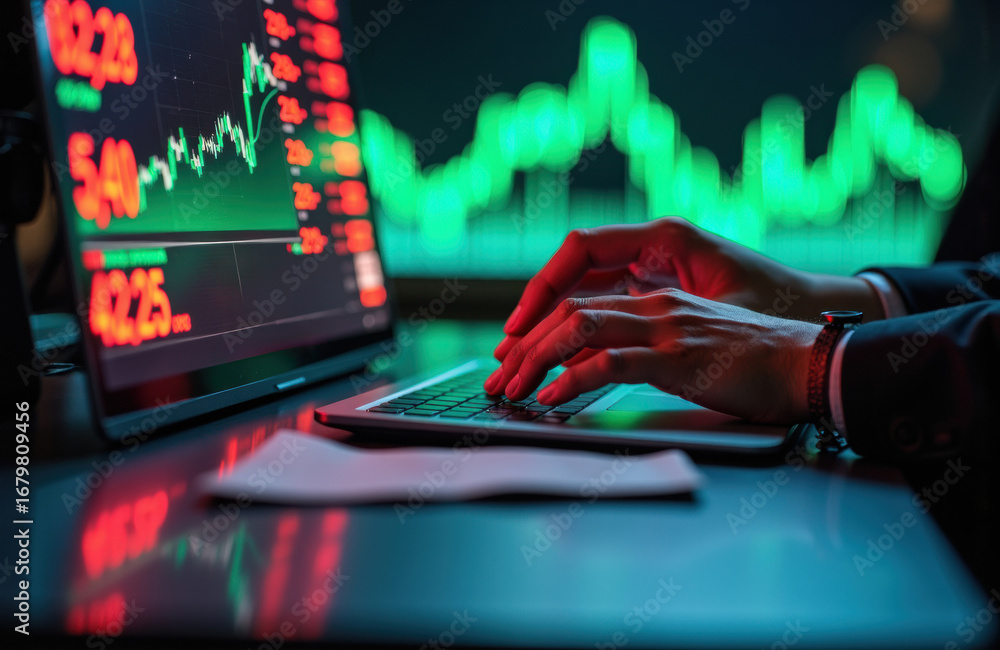 Aufkleber stock trader analyzing financial data on a laptop with stock market charts displayed on screens in t