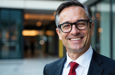 Obraz premium Confident businessman smiling outdoors in formal attire with a modern office building background