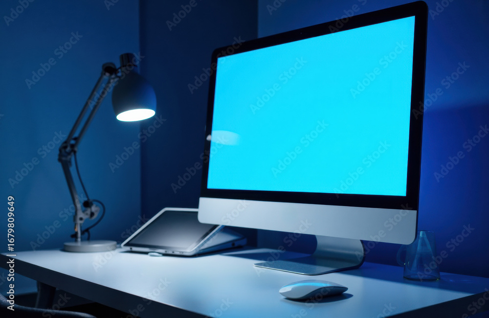 Poster a modern desktop computer setup illuminated by a desk lamp in a dimly lit room