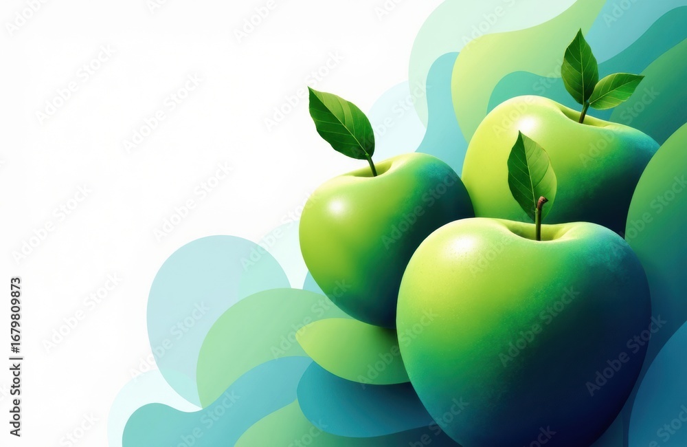 Poster green apples with leaves on a colorful abstract background creating a fresh and vibrant atmosphere