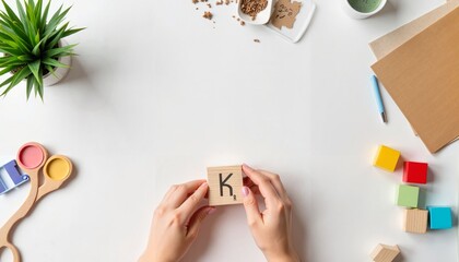 Hands holding a letter block on white table with craft supplies  