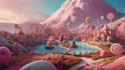 Paisaje de fantasía con lago azul, montañas rosas y árboles en forma de caramelos