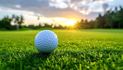 Obraz premium A golf ball sits atop a vibrant green fairway at golden hour, bathed in the warm glow of a setting sun.