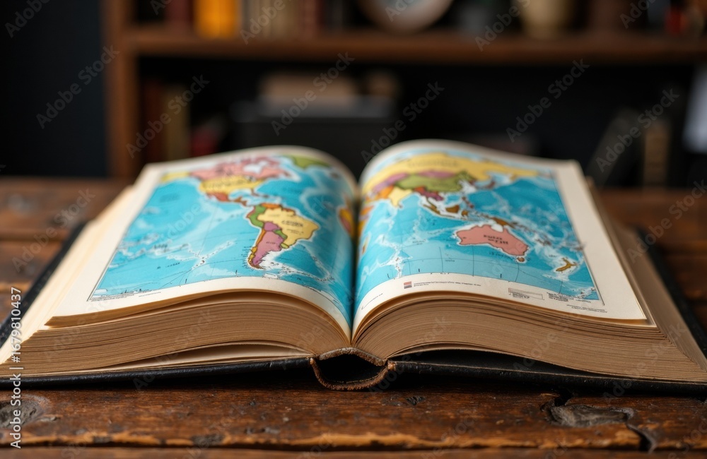 Poster open book displaying a colorful world map on a wooden table in a library setting
