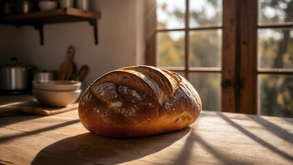 Hogaza de pan artesanal sobre mesa de madera en cocina rústica iluminada por la luz del sol © EBG Stock Studio