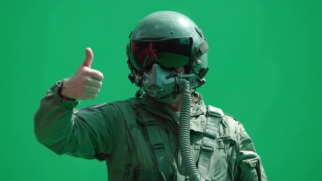 Isolated green screen shot of pilot calming passengers by lowering helmet visor and giving thumbsup useful for pilot communication or cockpit scenes.