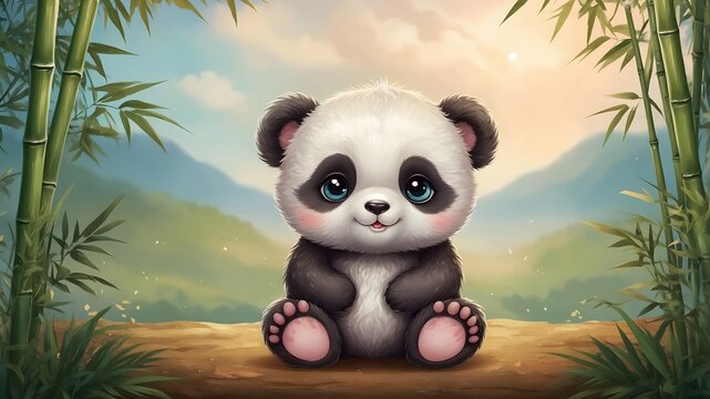 Ilustraci&oacute;n de oso panda beb&eacute; adorable sentado en un bosque de bamb&uacute;
