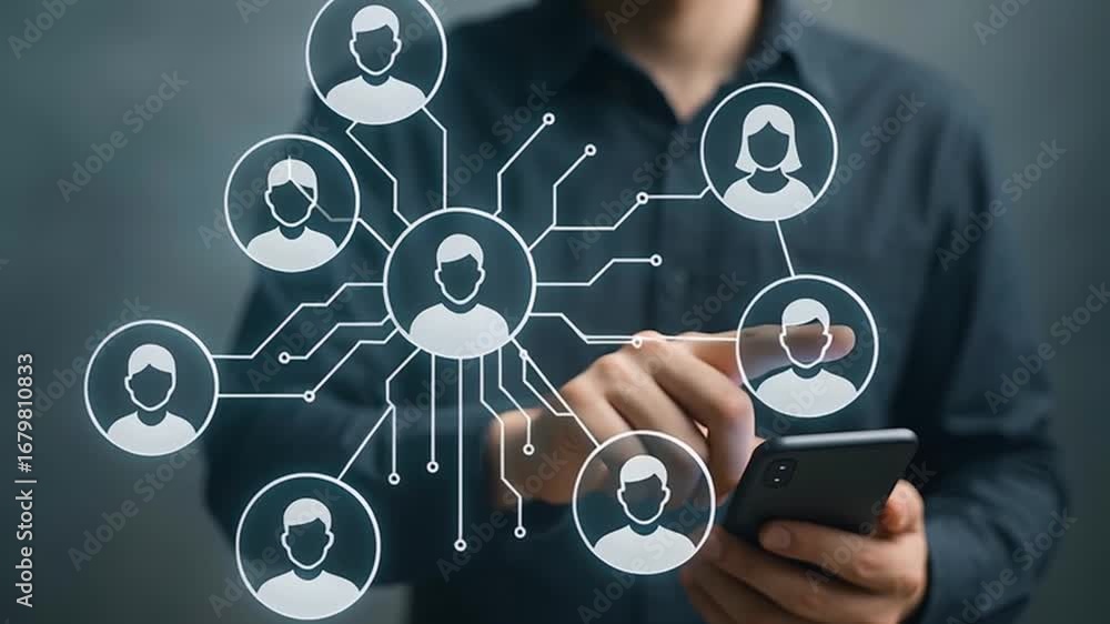 Poster a man utilizes a phone to interact with a digital network of connected users, showcasing connectivit