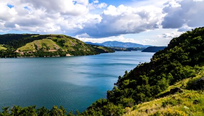 Panoramic view of a tranquil lake nestled within a valley