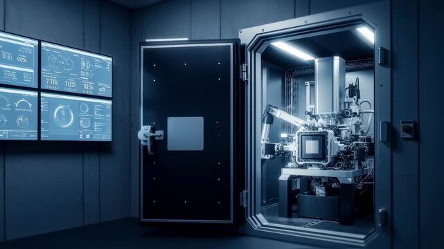 Electronbeam lithography maskwriter vault with realtime environmental monitoring screens to maintain optimal cleanroom conditions.