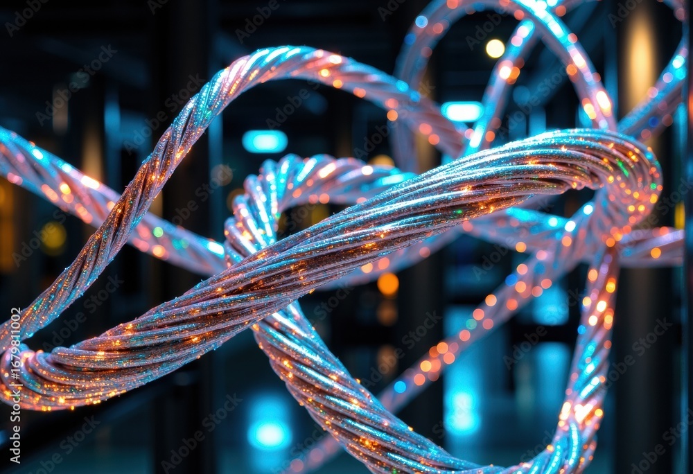 Poster colorful illuminated fiber optic cables intertwined in a dark environment, creating a vibrant and dy