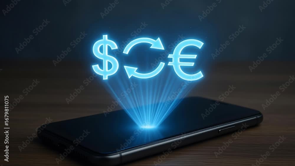 Poster digital currency exchange concept: a futuristic phone projects a digital interface displaying the cu