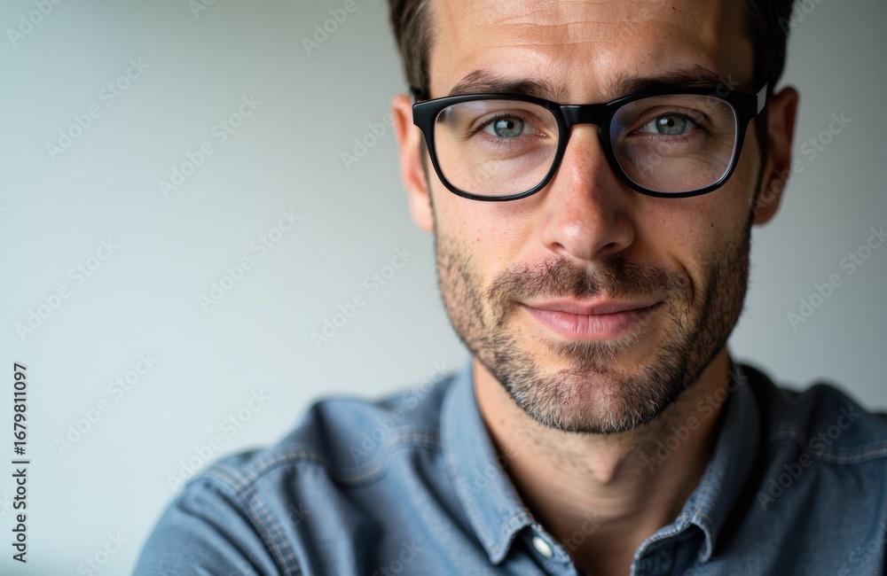 Poster close-up of a confident man with glasses smiling softly in a casual setting
