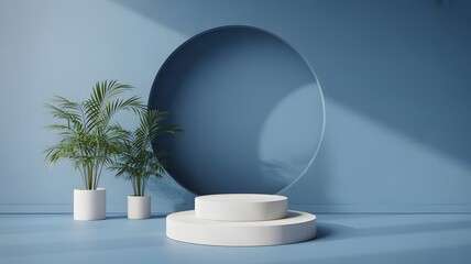 Ultra quality 3d render of a modern white kitchen with a crystal ball on the light blue podium with palm plant.