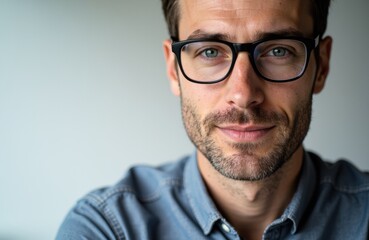 Fototapeta premium Close-up of a confident man with glasses smiling softly in a casual setting