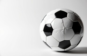 A black and white soccer ball resting on a plain white background