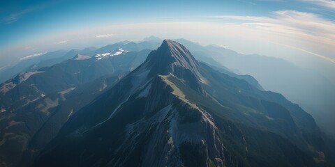 Aerial view of majestic mountain range with sharp peaks and lush green slopes against a clear blue sky