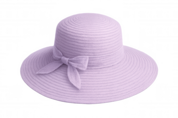 Elegant purple sun hat with decorative ribbon, floating against transparent backdrop, highlighting summer fashion accessories