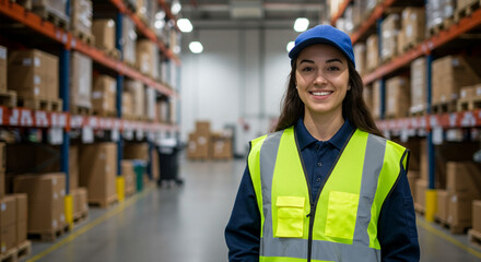 A smiling woman in a warehouse wearing a safety vest and cap standing near shelves filled with boxes