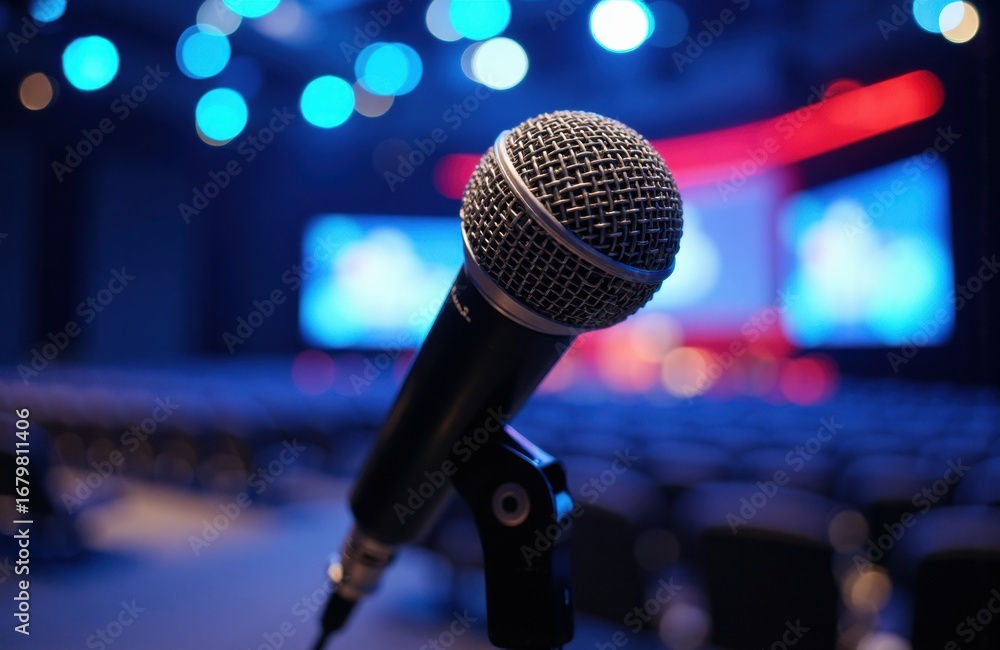 Poster microphone on stage with blurred colorful background and bokeh lights