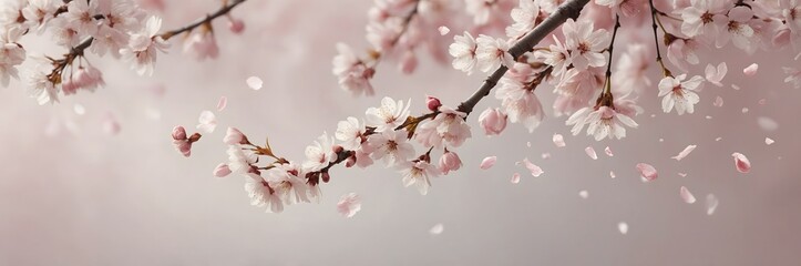 Fototapeta premium Rama de cerezo en flor con pétalos cayendo sobre fondo suave en tonos rosados