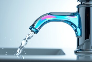 Close-up of a modern blue faucet with water flowing into a sink