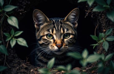 Obraz premium A wildcat peeks out from a hole surrounded by green foliage in a natural environment