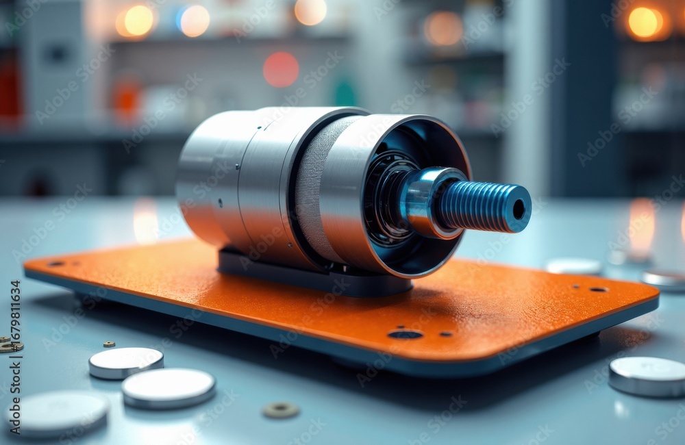 Aufkleber close-up of a precision mechanical component on an orange platform with blurred background