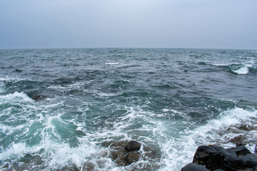 Giant's Causeway in Northern Ireland. Rock formations and basalt hexagonal columns on Coast of...