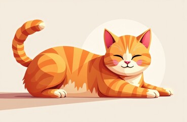 Fototapeta premium A cute orange tabby cat lying down with a relaxed expression and closed eyes
