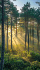 Obraz premium Serene forest with sunlight filtering through tall pine trees