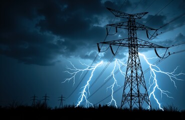 Lightning strikes illuminate dark storm clouds behind a tall electrical transmission tower in a dramatic weather scene