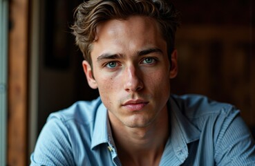 Obraz premium Close-up of a young man with blue eyes and wavy brown hair looking directly at the camera