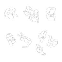Set of 8 people line art - sitting, working, kids, playing, and daily activities.Perfect topview for architectural plans, design projects and creative illustration.