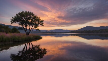 Fototapeta premium Árbol solitario reflejado en lago tranquilo al amanecer con cielo violeta y naranja
