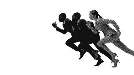 Naklejka premium Halftone Effect Business Team Running Forward Representing Corporate Success, Career Growth, Ambition, Determination, and Professional Achievement