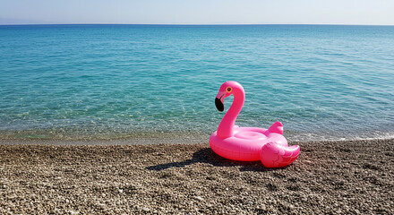 Pink flamingo float on a pebble beach with turquoise water under a clear blue summer sky near the ocean