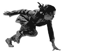 Retro Halftone Style Business Woman in Motion Symbolizing Career Ambition, Corporate Success, Drive, and Professional Achievement