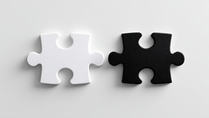 Two puzzle pieces, one white, one black, positioned side-by-side on a white surface